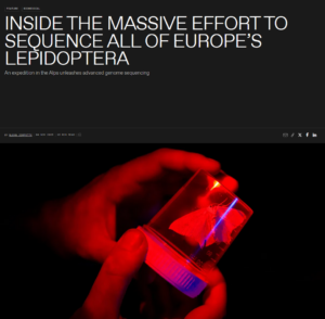 Cover of the IEEE Spectrum article on "Inside the Massive Effort to Sequence All of Europe’s Lepidoptera" showing a moth in a tube held by a person.